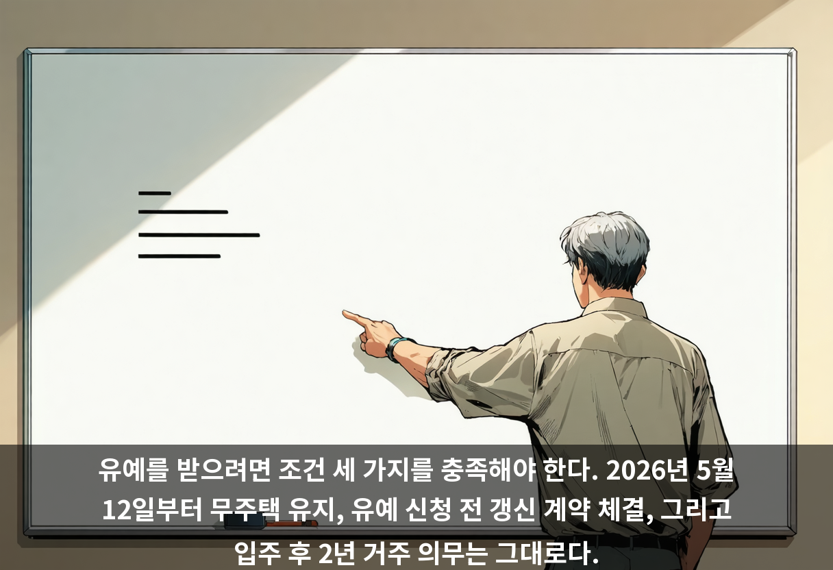 유예를 받으려면 조건 세 가지를 충족해야 한다. 2026년 5월 12일부터 무주택 유지, 유예 신청 전 갱신 계약 체결, 그리고 입주 후 2년 거주 의무는 그대로다.