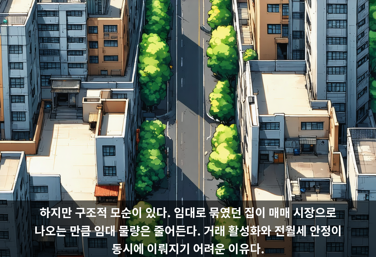 하지만 구조적 모순이 있다. 임대로 묶였던 집이 매매 시장으로 나오는 만큼 임대 물량은 줄어든다. 거래 활성화와 전월세 안정이 동시에 이뤄지기 어려운 이유다.