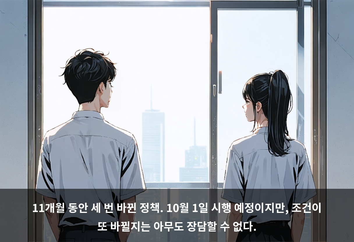 11개월 동안 세 번 바뀐 정책. 10월 1일 시행 예정이지만, 조건이 또 바뀔지는 아무도 장담할 수 없다.