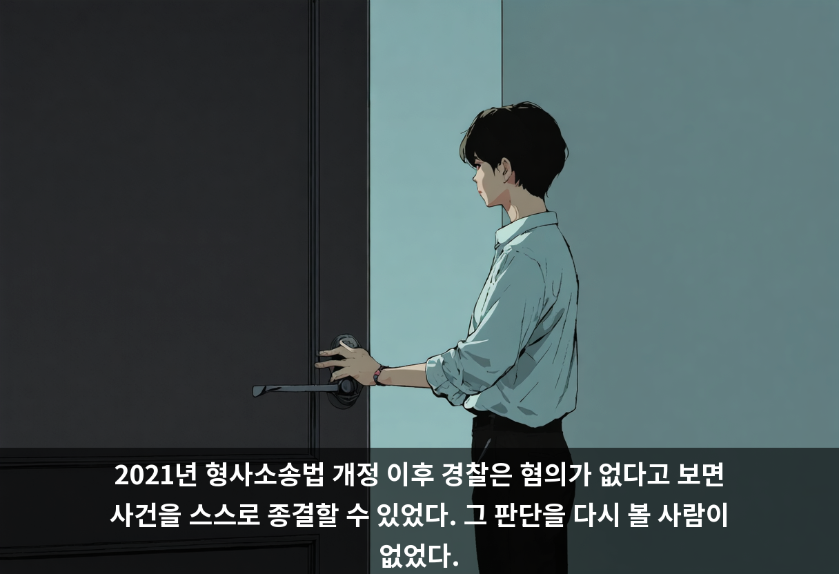 2021년 형사소송법 개정 이후 경찰은 혐의가 없다고 보면 사건을 스스로 종결할 수 있었다. 그 판단을 다시 볼 사람이 없었다.