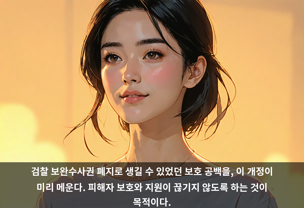 검찰 보완수사권 폐지로 생길 수 있었던 보호 공백을, 이 개정이 미리 메운다. 피해자 보호와 지원이 끊기지 않도록 하는 것이 목적이다.