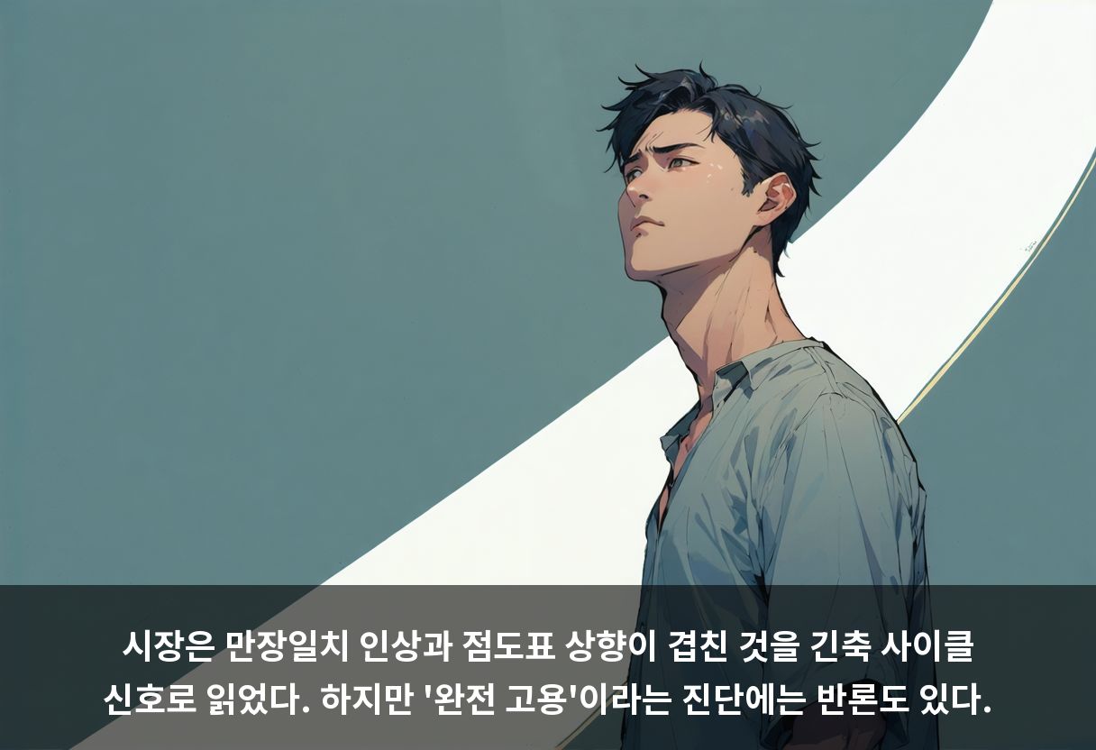 시장은 만장일치 인상과 점도표 상향이 겹친 것을 긴축 사이클 신호로 읽었다. 하지만 '완전 고용'이라는 진단에는 반론도 있다.