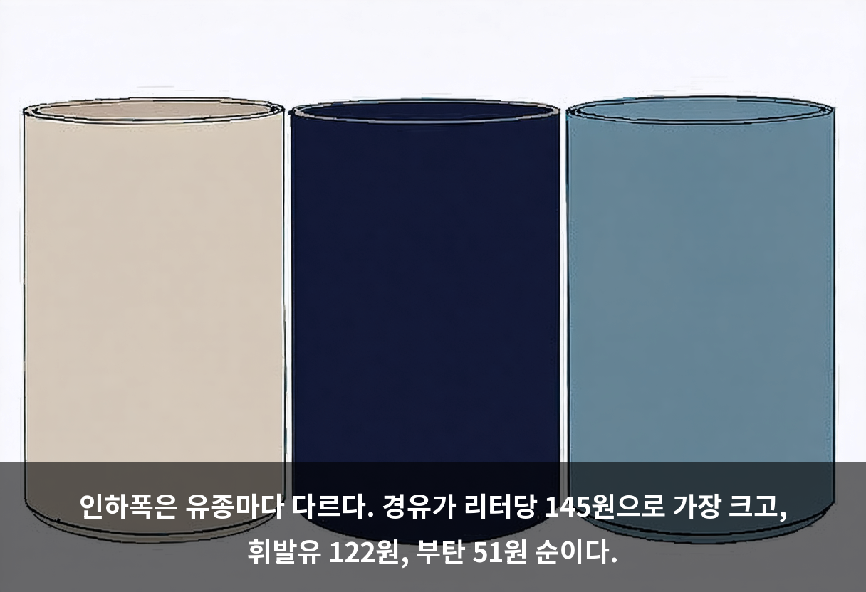 인하폭은 유종마다 다르다. 경유가 리터당 145원으로 가장 크고, 휘발유 122원, 부탄 51원 순이다.