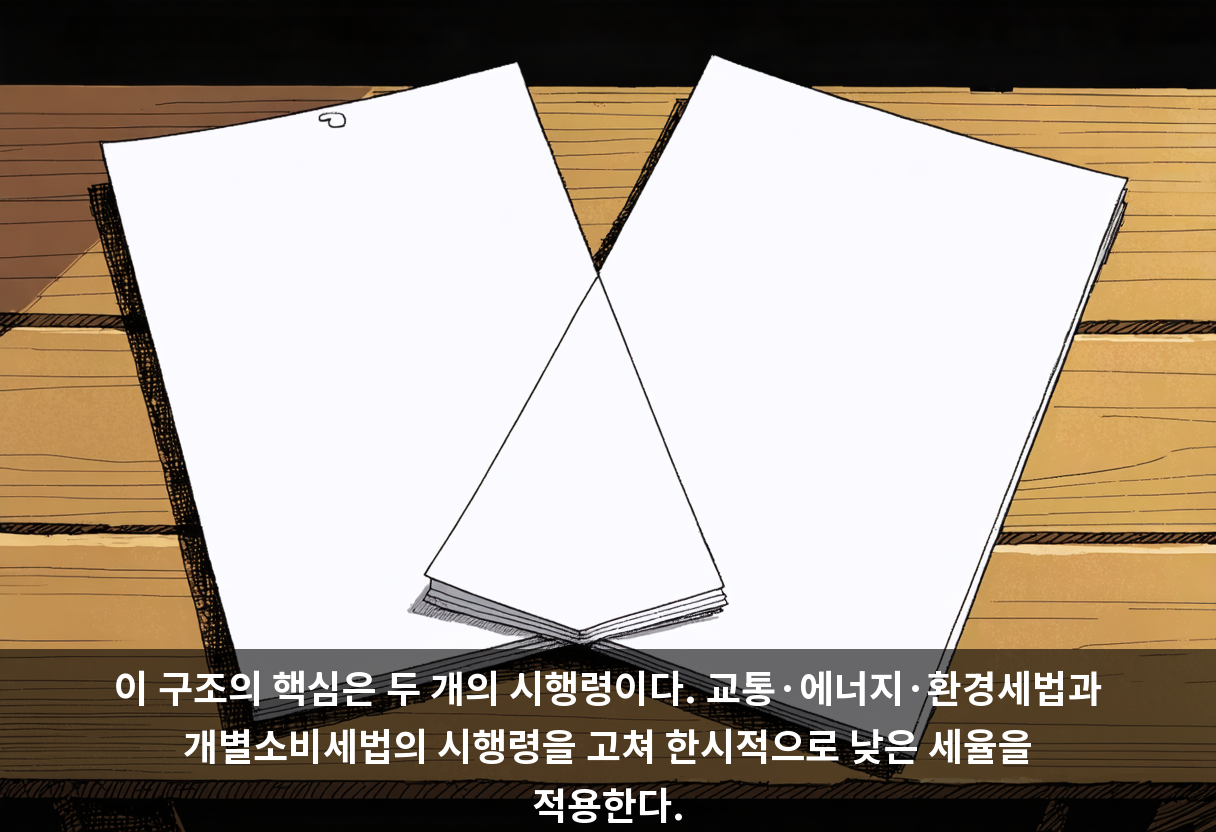 이 구조의 핵심은 두 개의 시행령이다. 교통·에너지·환경세법과 개별소비세법의 시행령을 고쳐 한시적으로 낮은 세율을 적용한다.