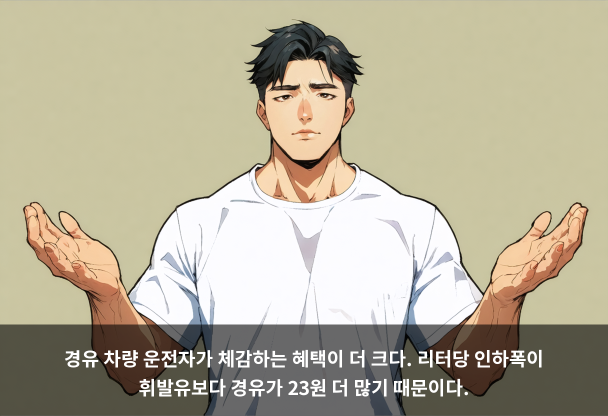 경유 차량 운전자가 체감하는 혜택이 더 크다. 리터당 인하폭이 휘발유보다 경유가 23원 더 많기 때문이다.