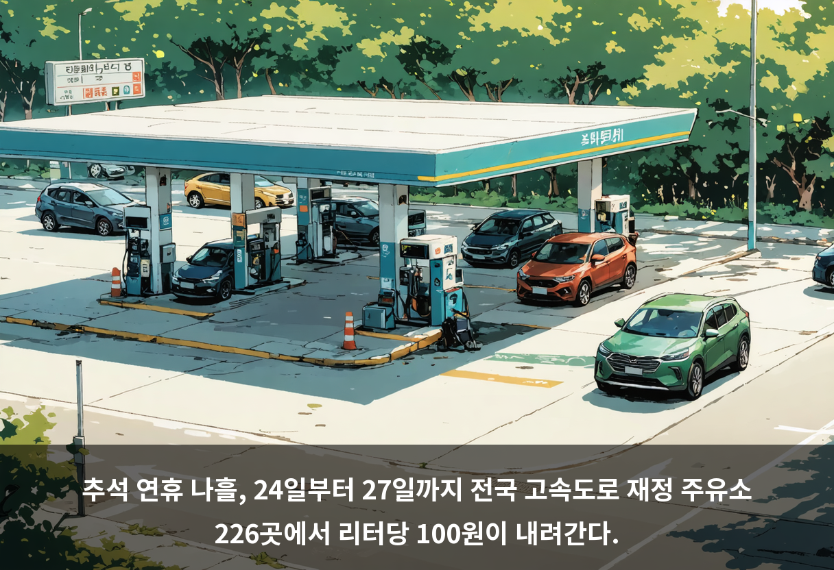 추석 연휴 나흘, 24일부터 27일까지 전국 고속도로 재정 주유소 226곳에서 리터당 100원이 내려간다.