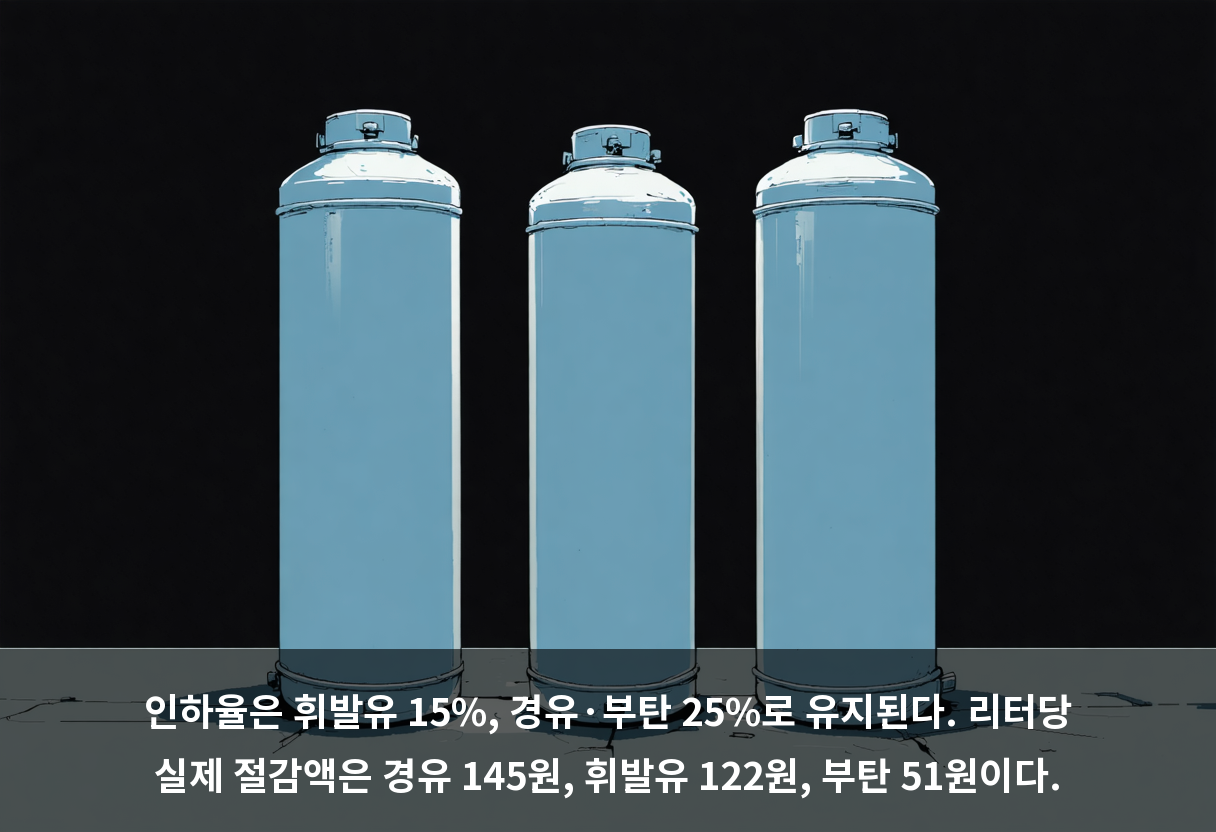 인하율은 휘발유 15%, 경유·부탄 25%로 유지된다. 리터당 실제 절감액은 경유 145원, 휘발유 122원, 부탄 51원이다.