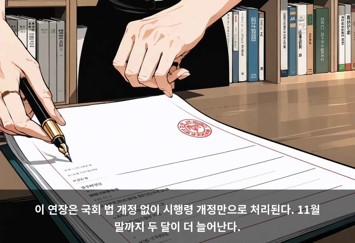 이 연장은 국회 법 개정 없이 시행령 개정만으로 처리된다. 11월 말까지 두 달이 더 늘어난다.