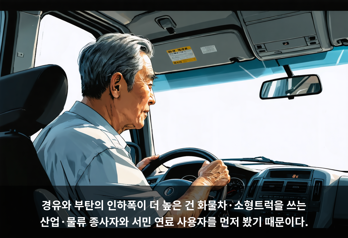 경유와 부탄의 인하폭이 더 높은 건 화물차·소형트럭을 쓰는 산업·물류 종사자와 서민 연료 사용자를 먼저 봤기 때문이다.