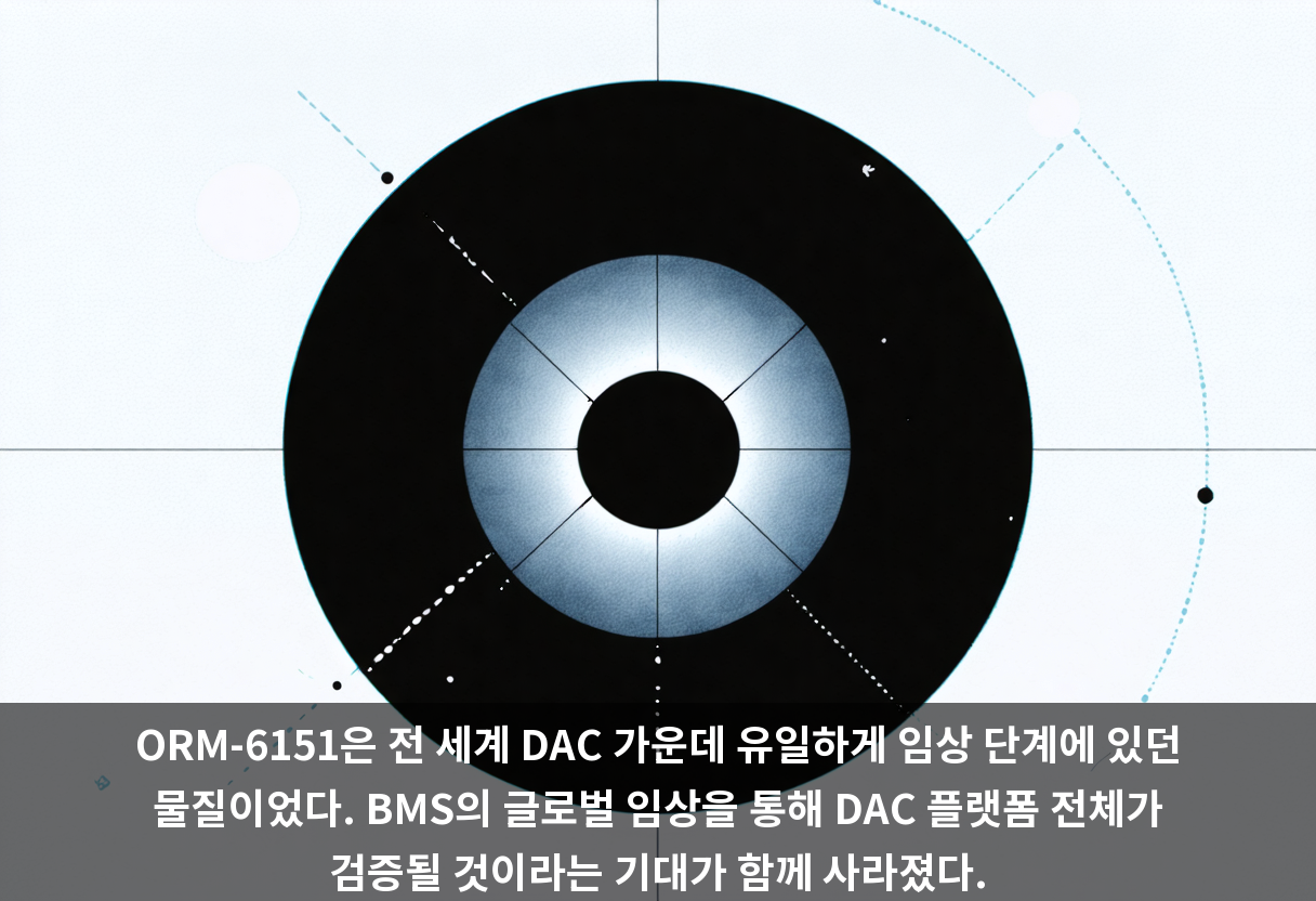ORM-6151은 전 세계 DAC 가운데 유일하게 임상 단계에 있던 물질이었다. BMS의 글로벌 임상을 통해 DAC 플랫폼 전체가 검증될 것이라는 기대가 함께 사라졌다.