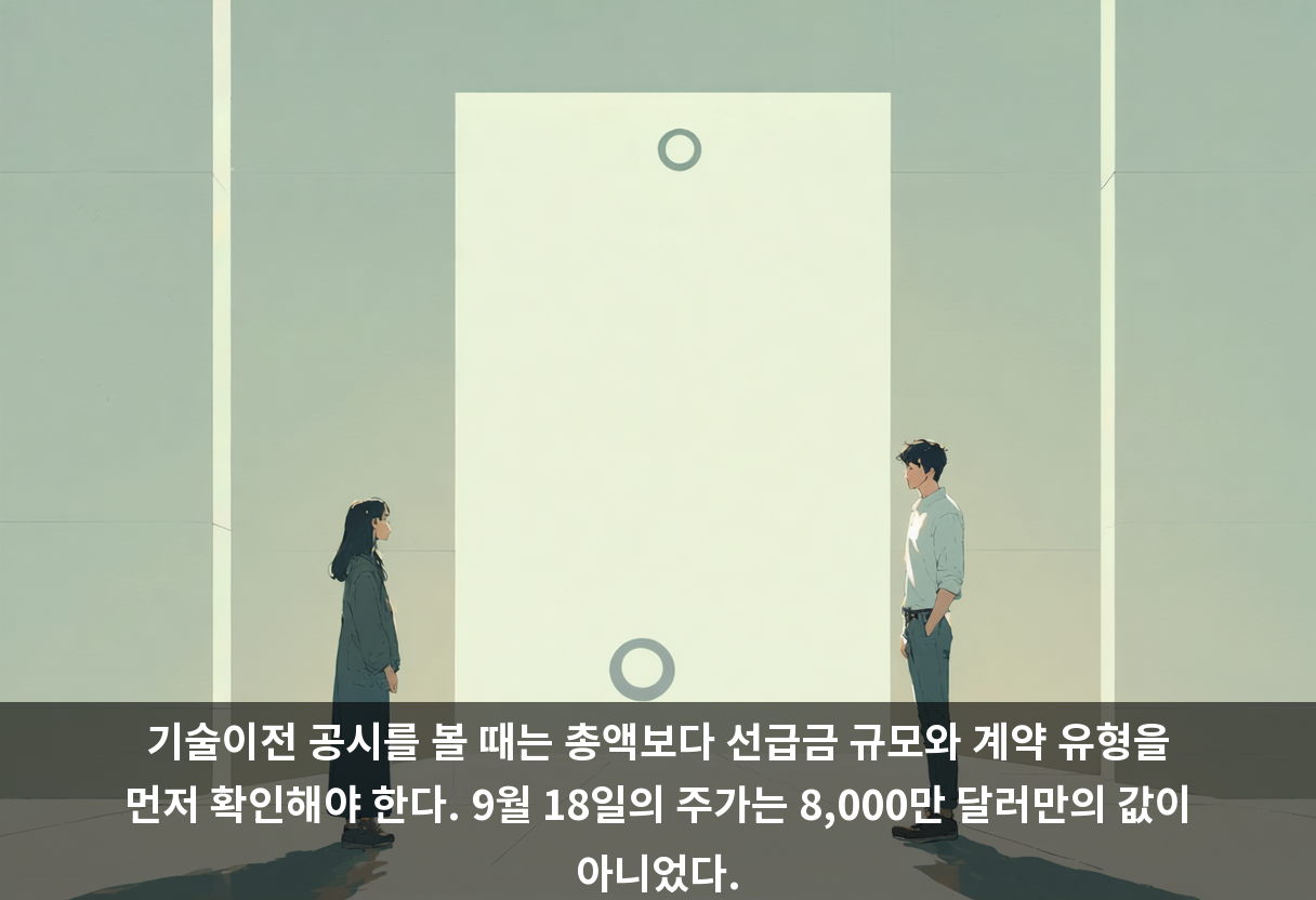 기술이전 공시를 볼 때는 총액보다 선급금 규모와 계약 유형을 먼저 확인해야 한다. 9월 18일의 주가는 8,000만 달러만의 값이 아니었다.