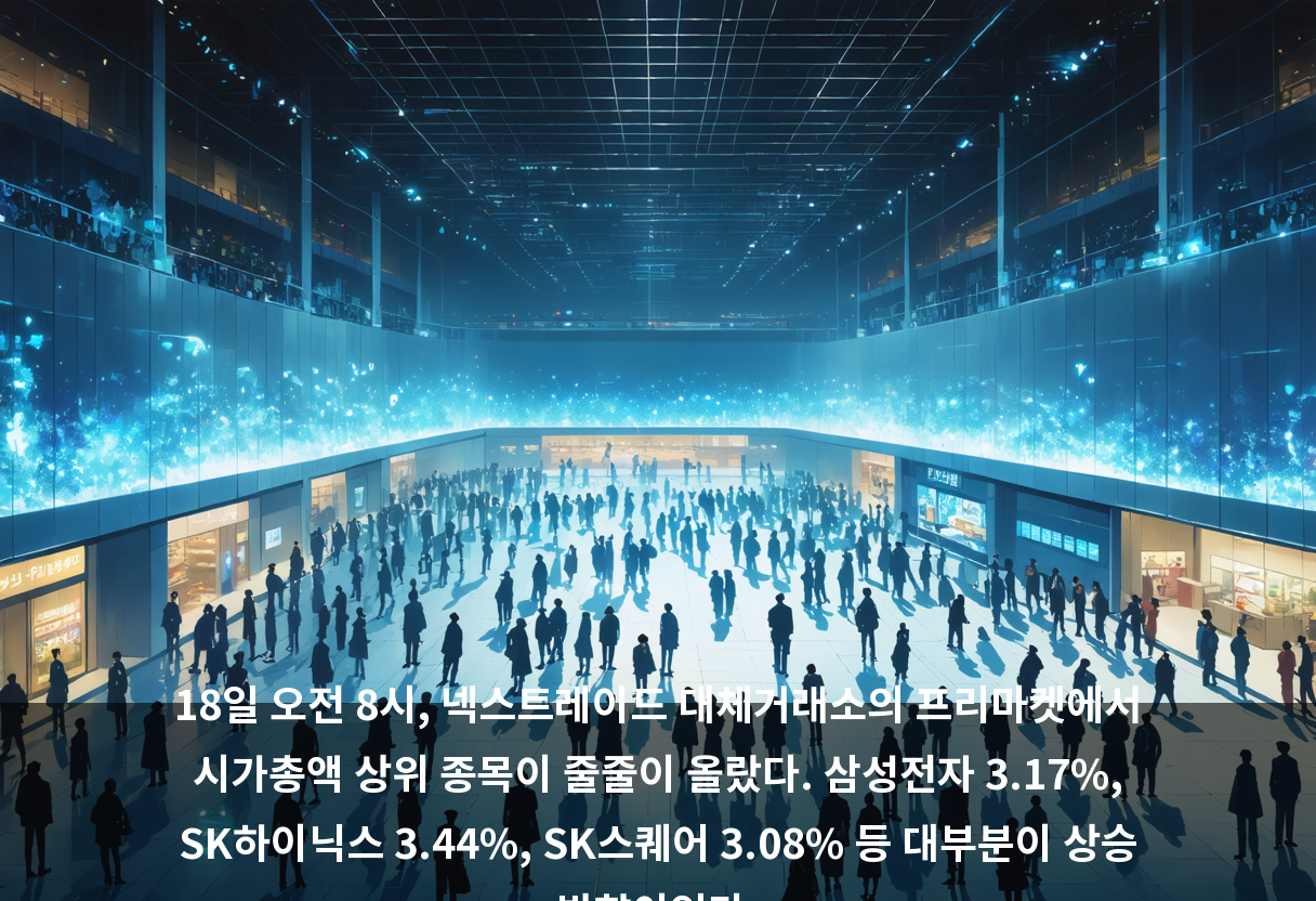 18일 오전 8시, 넥스트레이드 대체거래소의 프리마켓에서 시가총액 상위 종목이 줄줄이 올랐다. 삼성전자 3.17%, SK하이닉스 3.44%, SK스퀘어 3.08% 등 대부분이 상승 방향이었다.