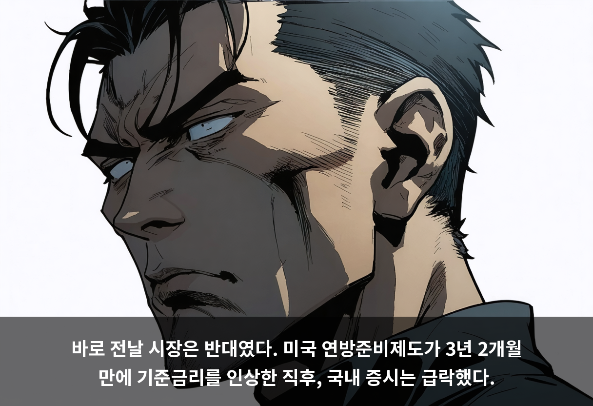바로 전날 시장은 반대였다. 미국 연방준비제도가 3년 2개월 만에 기준금리를 인상한 직후, 국내 증시는 급락했다.