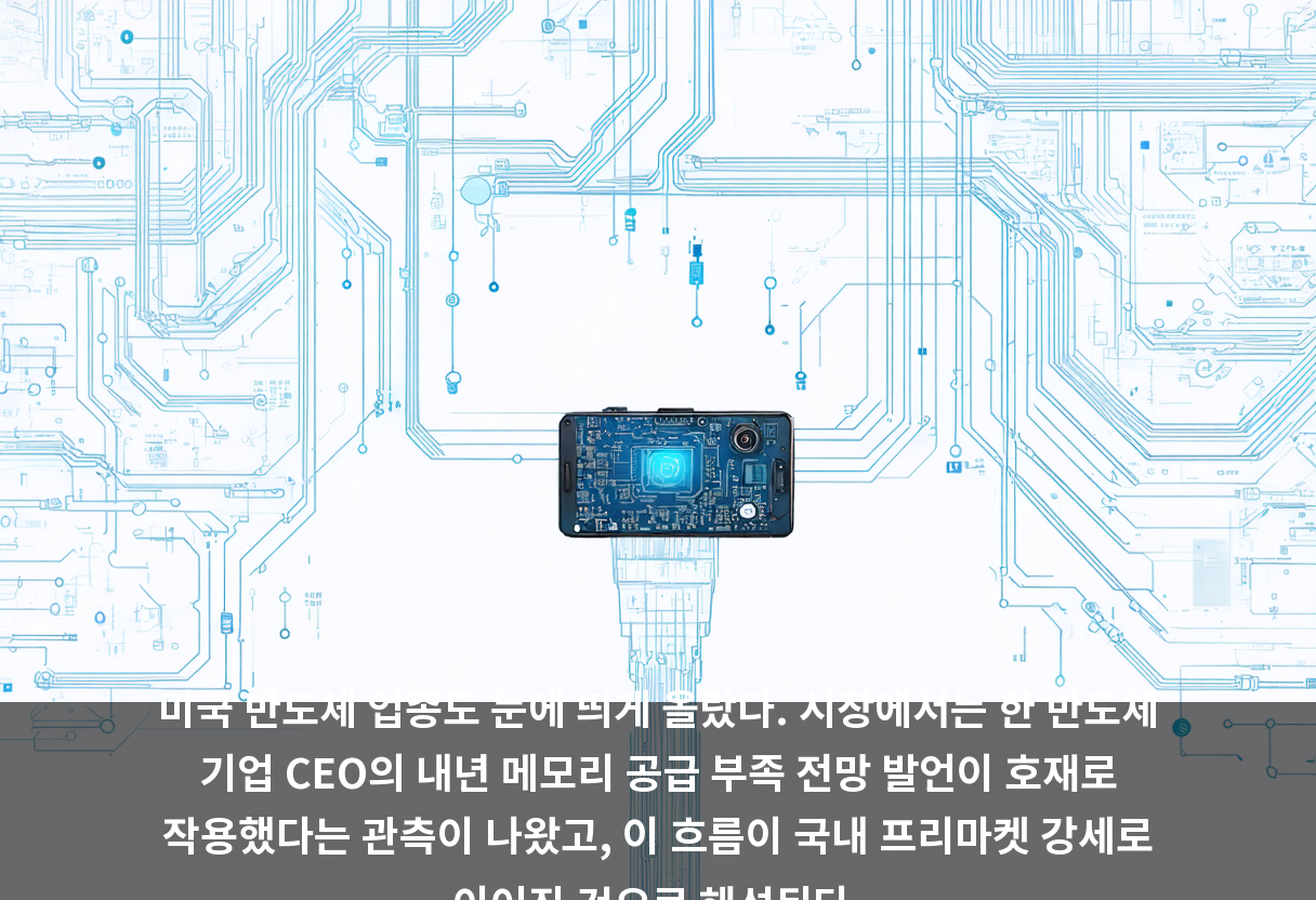 미국 반도체 업종도 눈에 띄게 올랐다. 시장에서는 한 반도체 기업 CEO의 내년 메모리 공급 부족 전망 발언이 호재로 작용했다는 관측이 나왔고, 이 흐름이 국내 프리마켓 강세로 이어진 것으로 해석된다.