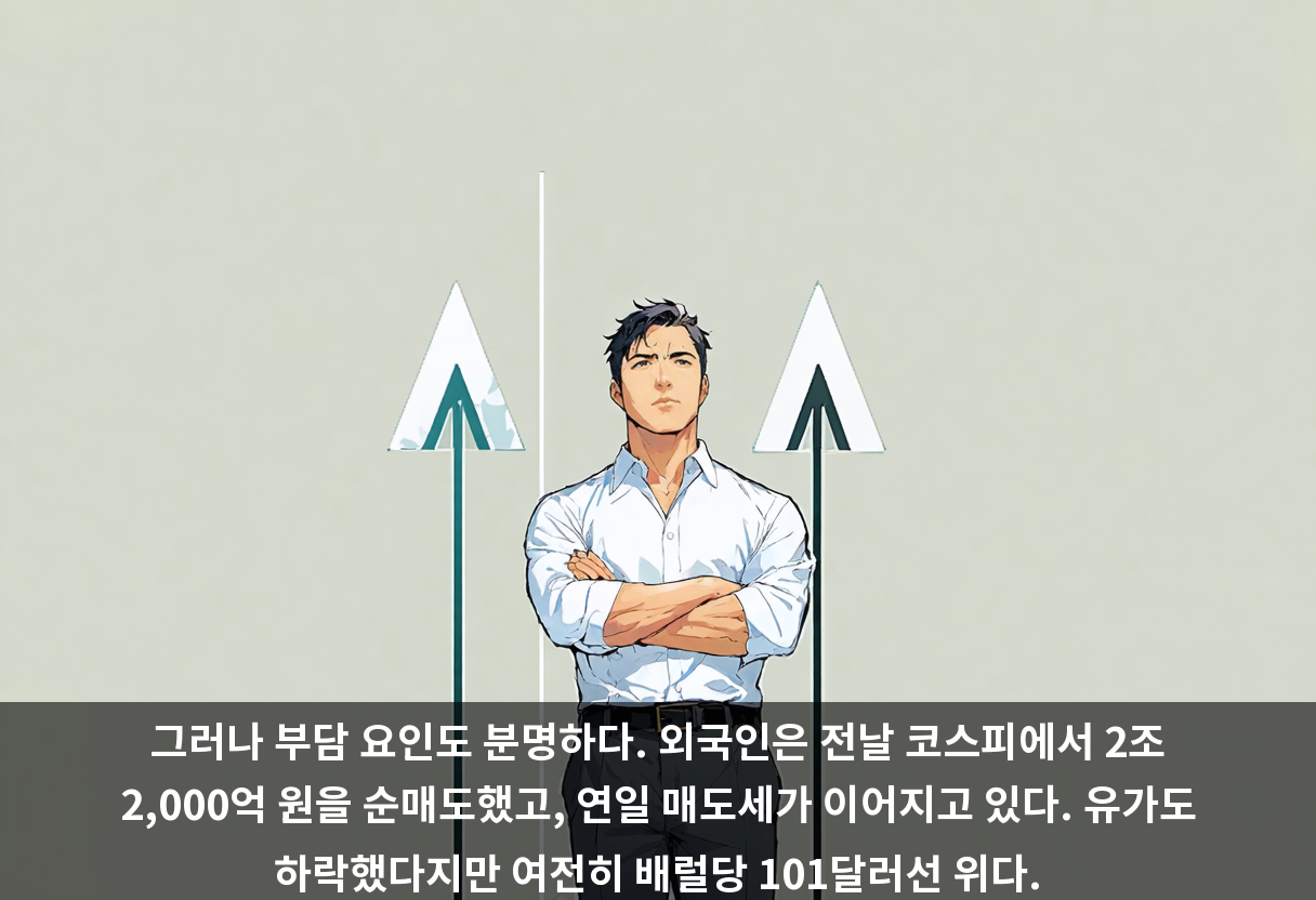 그러나 부담 요인도 분명하다. 외국인은 전날 코스피에서 2조 2,000억 원을 순매도했고, 연일 매도세가 이어지고 있다. 유가도 하락했다지만 여전히 배럴당 101달러선 위다.