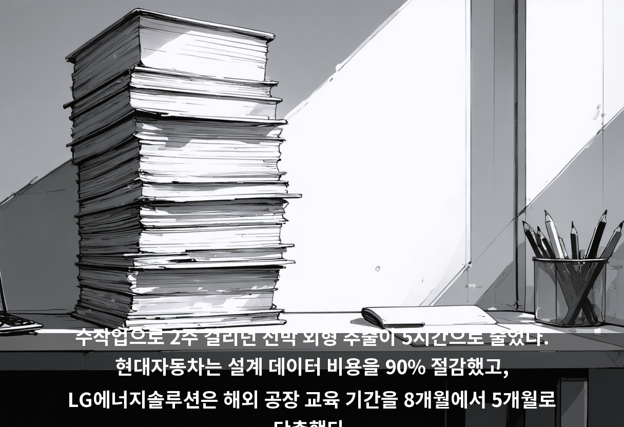 수작업으로 2주 걸리던 선박 외형 추출이 5시간으로 줄었다. 현대자동차는 설계 데이터 비용을 90% 절감했고, LG에너지솔루션은 해외 공장 교육 기간을 8개월에서 5개월로 단축했다.