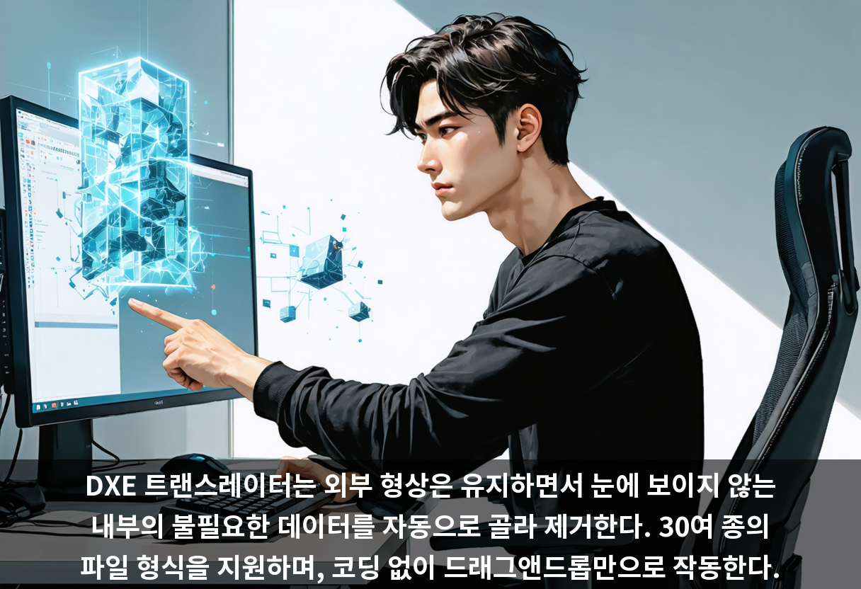 DXE 트랜스레이터는 외부 형상은 유지하면서 눈에 보이지 않는 내부의 불필요한 데이터를 자동으로 골라 제거한다. 30여 종의 파일 형식을 지원하며, 코딩 없이 드래그앤드롭만으로 작동한다.