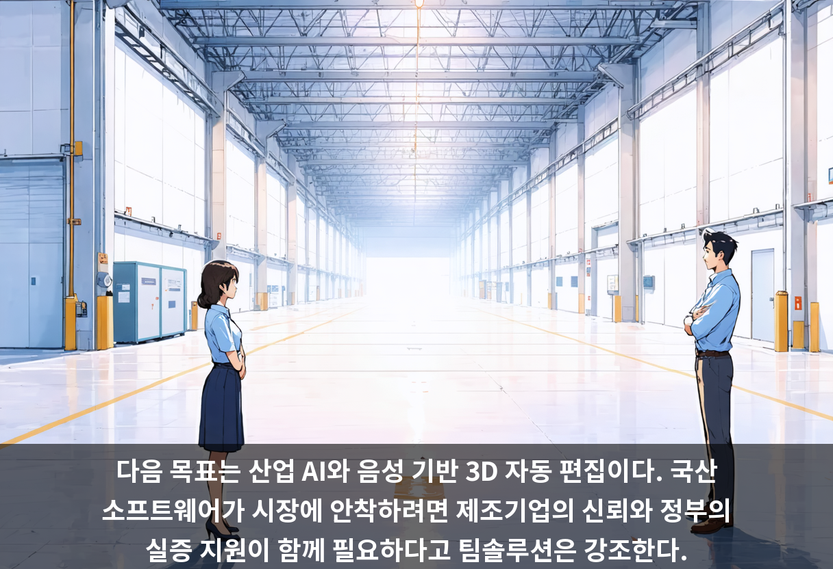다음 목표는 산업 AI와 음성 기반 3D 자동 편집이다. 국산 소프트웨어가 시장에 안착하려면 제조기업의 신뢰와 정부의 실증 지원이 함께 필요하다고 팀솔루션은 강조한다.