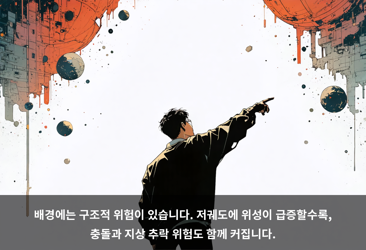 배경에는 구조적 위험이 있습니다. 저궤도에 위성이 급증할수록, 충돌과 지상 추락 위험도 함께 커집니다.