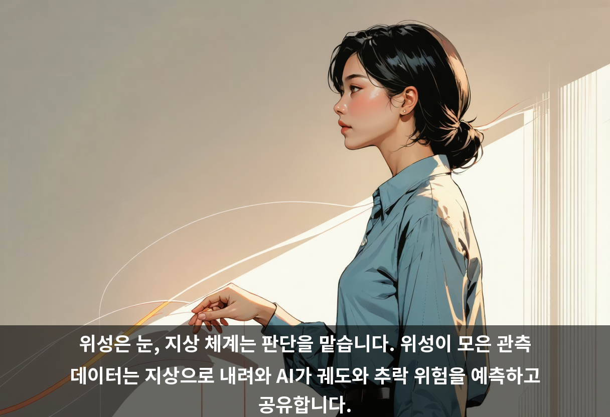 위성은 눈, 지상 체계는 판단을 맡습니다. 위성이 모은 관측 데이터는 지상으로 내려와 AI가 궤도와 추락 위험을 예측하고 공유합니다.