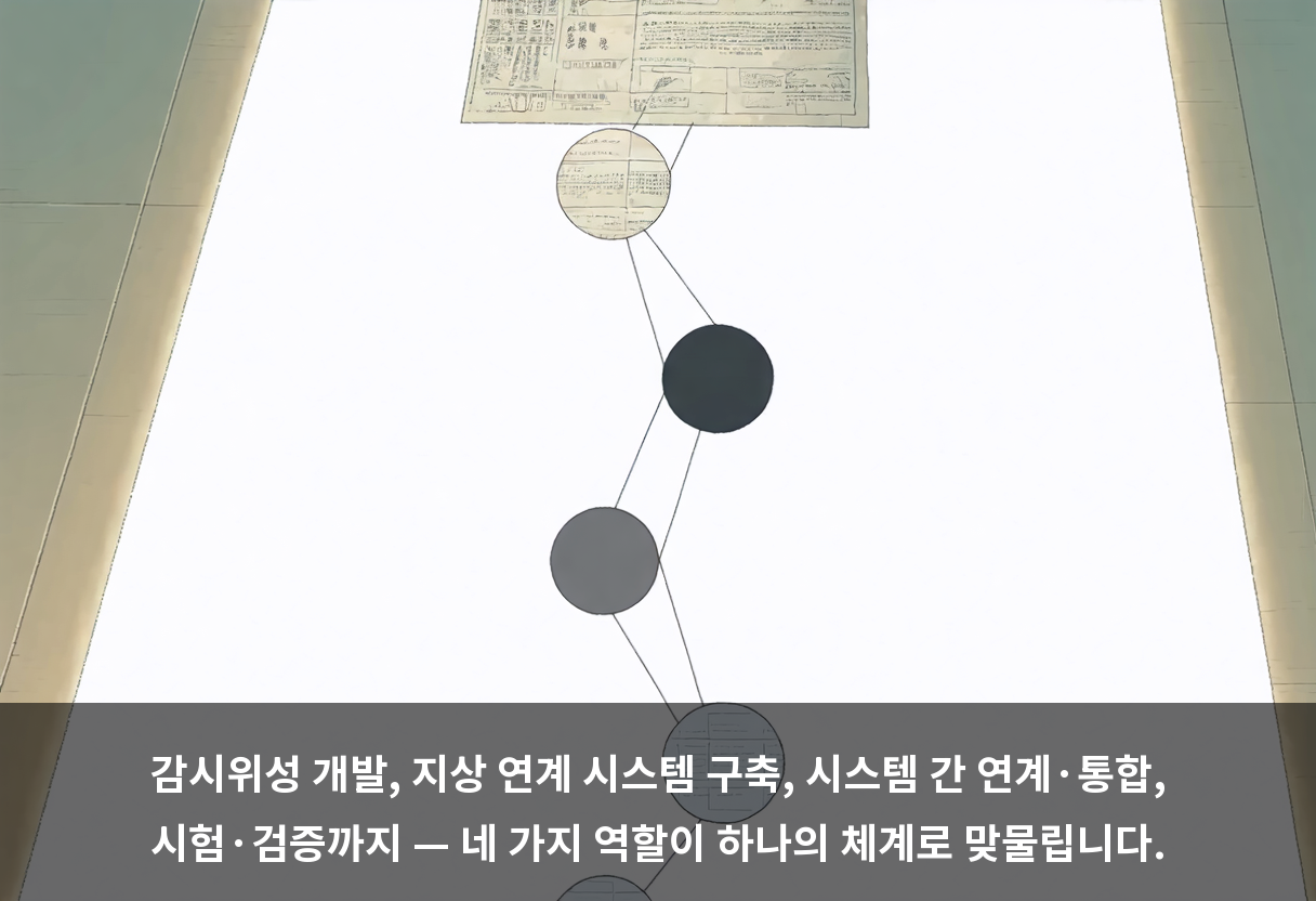 감시위성 개발, 지상 연계 시스템 구축, 시스템 간 연계·통합, 시험·검증까지 — 네 가지 역할이 하나의 체계로 맞물립니다.