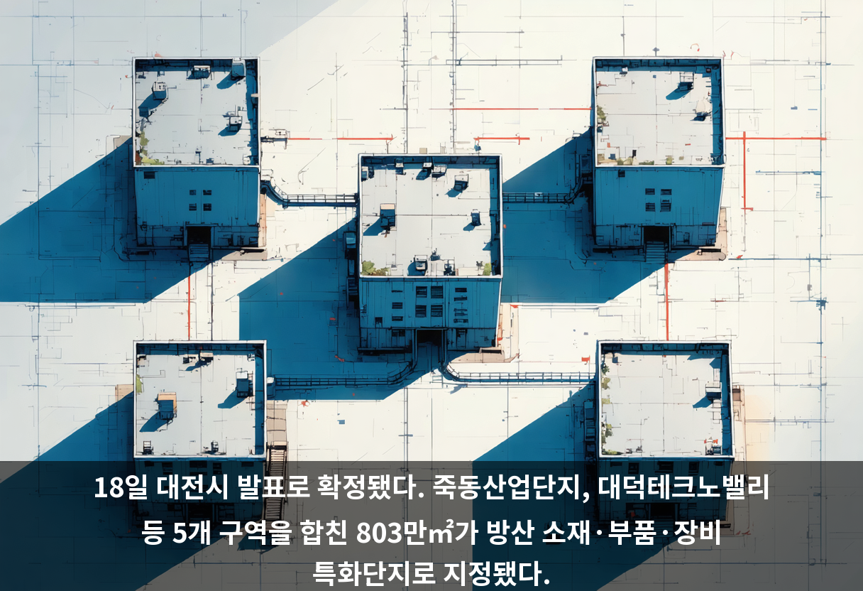 18일 대전시 발표로 확정됐다. 죽동산업단지, 대덕테크노밸리 등 5개 구역을 합친 803만㎡가 방산 소재·부품·장비 특화단지로 지정됐다.