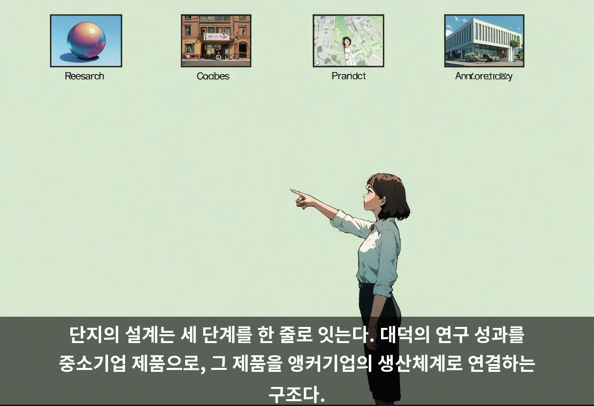 단지의 설계는 세 단계를 한 줄로 잇는다. 대덕의 연구 성과를 중소기업 제품으로, 그 제품을 앵커기업의 생산체계로 연결하는 구조다.