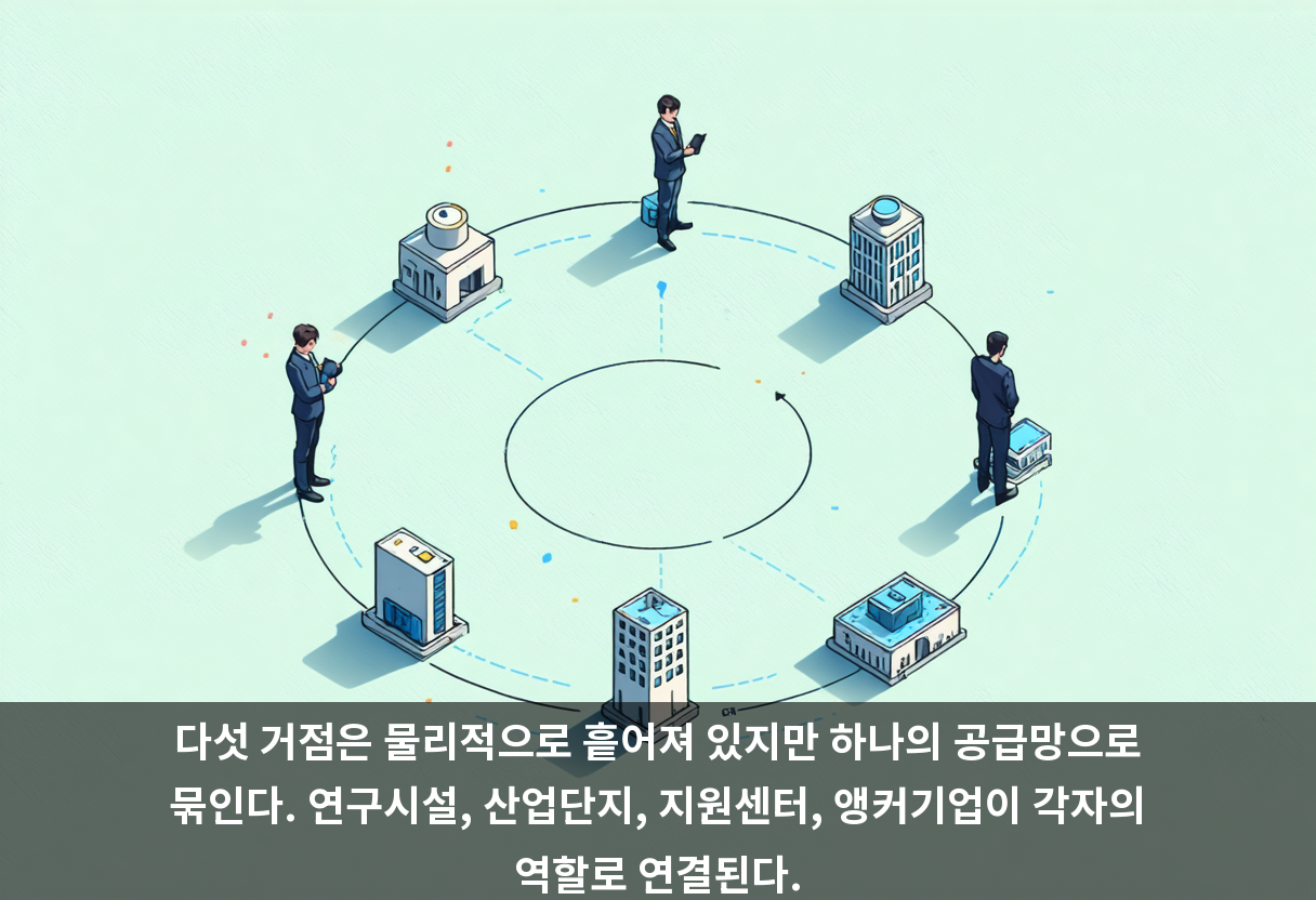 다섯 거점은 물리적으로 흩어져 있지만 하나의 공급망으로 묶인다. 연구시설, 산업단지, 지원센터, 앵커기업이 각자의 역할로 연결된다.