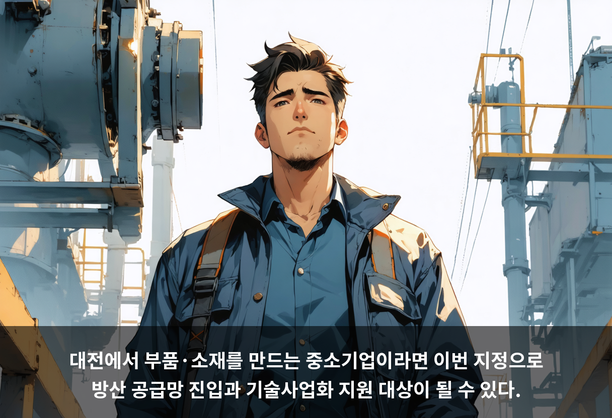 대전에서 부품·소재를 만드는 중소기업이라면 이번 지정으로 방산 공급망 진입과 기술사업화 지원 대상이 될 수 있다.