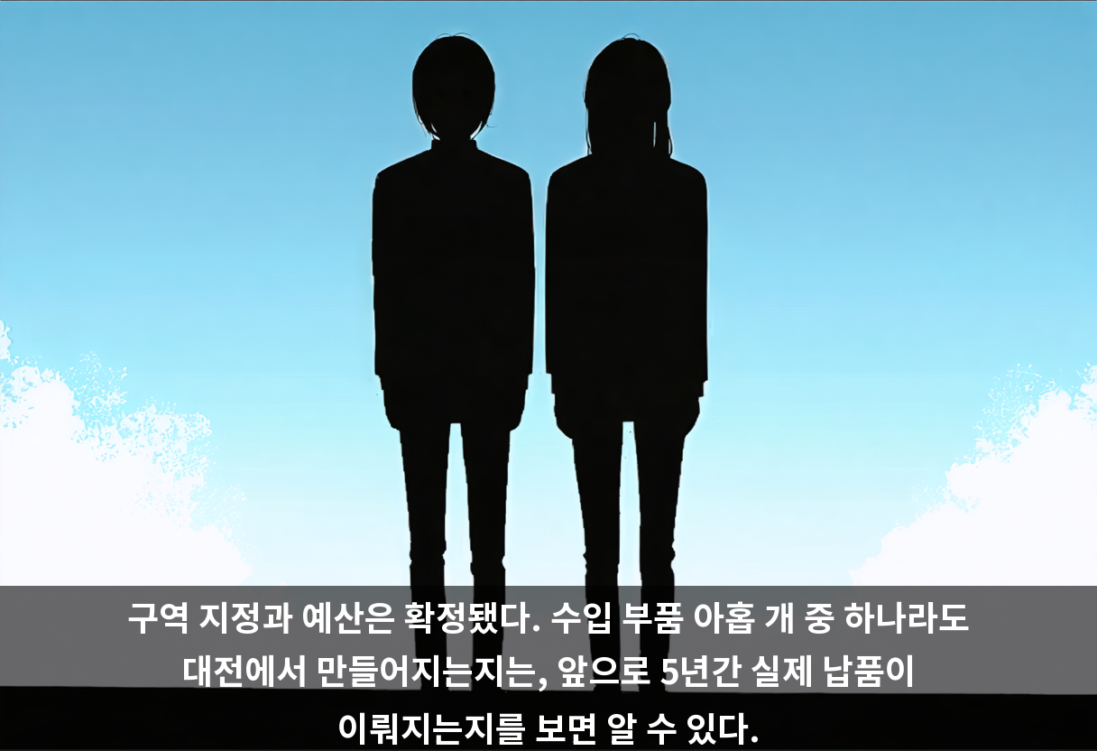 구역 지정과 예산은 확정됐다. 수입 부품 아홉 개 중 하나라도 대전에서 만들어지는지는, 앞으로 5년간 실제 납품이 이뤄지는지를 보면 알 수 있다.