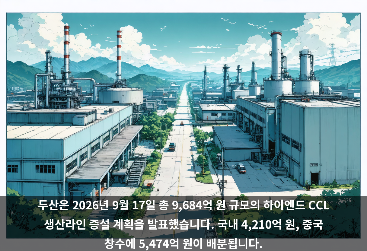 두산은 2026년 9월 17일 총 9,684억 원 규모의 하이엔드 CCL 생산라인 증설 계획을 발표했습니다. 국내 4,210억 원, 중국 창수에 5,474억 원이 배분됩니다.
