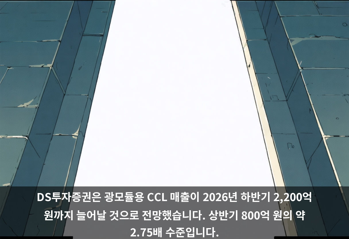 DS투자증권은 광모듈용 CCL 매출이 2026년 하반기 2,200억 원까지 늘어날 것으로 전망했습니다. 상반기 800억 원의 약 2.75배 수준입니다.