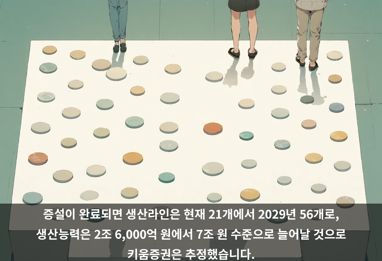 증설이 완료되면 생산라인은 현재 21개에서 2029년 56개로, 생산능력은 2조 6,000억 원에서 7조 원 수준으로 늘어날 것으로 키움증권은 추정했습니다.