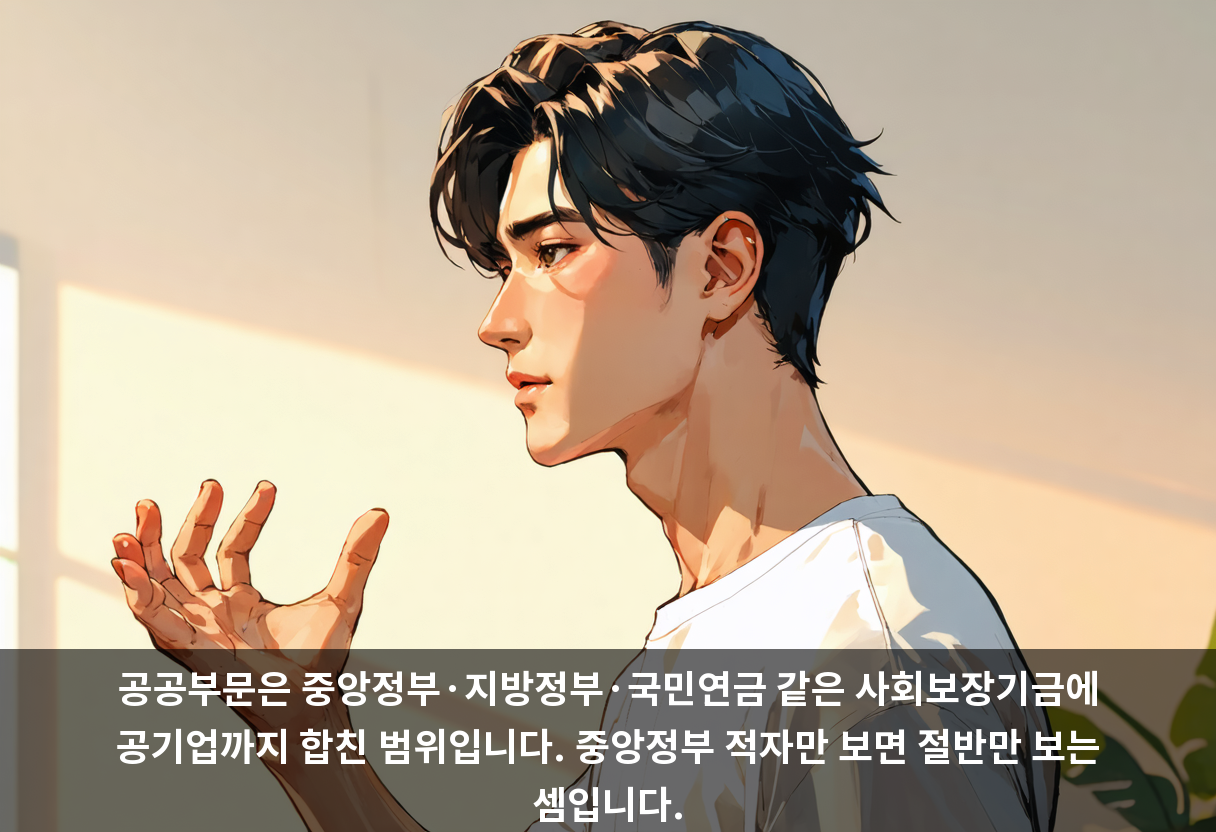 공공부문은 중앙정부·지방정부·국민연금 같은 사회보장기금에 공기업까지 합친 범위입니다. 중앙정부 적자만 보면 절반만 보는 셈입니다.