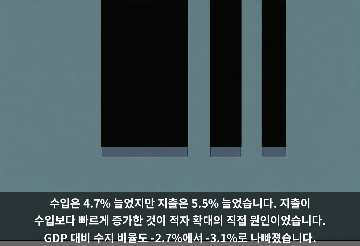 수입은 4.7% 늘었지만 지출은 5.5% 늘었습니다. 지출이 수입보다 빠르게 증가한 것이 적자 확대의 직접 원인이었습니다. GDP 대비 수지 비율도 -2.7%에서 -3.1%로 나빠졌습니다.