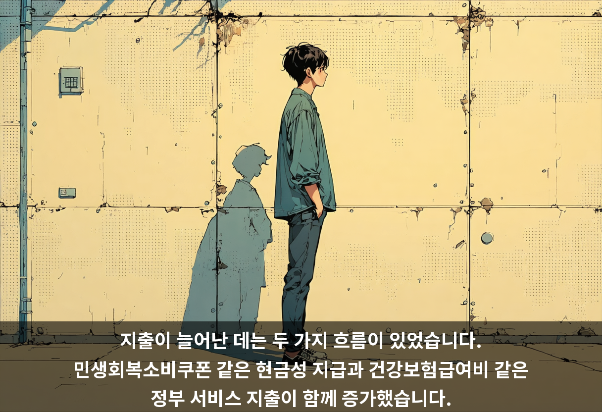 지출이 늘어난 데는 두 가지 흐름이 있었습니다. 민생회복소비쿠폰 같은 현금성 지급과 건강보험급여비 같은 정부 서비스 지출이 함께 증가했습니다.
