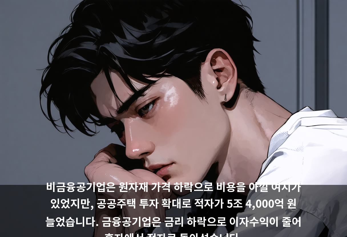 비금융공기업은 원자재 가격 하락으로 비용을 아낄 여지가 있었지만, 공공주택 투자 확대로 적자가 5조 4,000억 원 늘었습니다. 금융공기업은 금리 하락으로 이자수익이 줄어 흑자에서 적자로 돌아섰습니다.