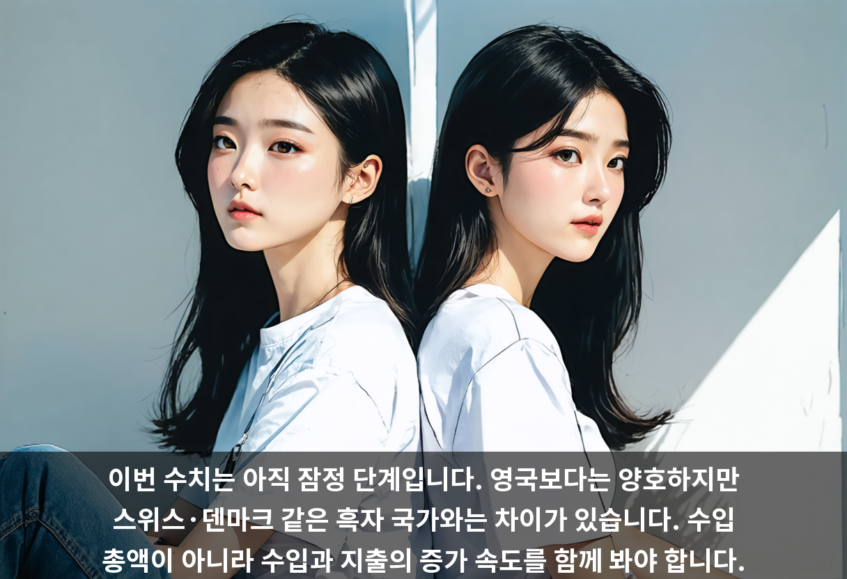 이번 수치는 아직 잠정 단계입니다. 영국보다는 양호하지만 스위스·덴마크 같은 흑자 국가와는 차이가 있습니다. 수입 총액이 아니라 수입과 지출의 증가 속도를 함께 봐야 합니다.