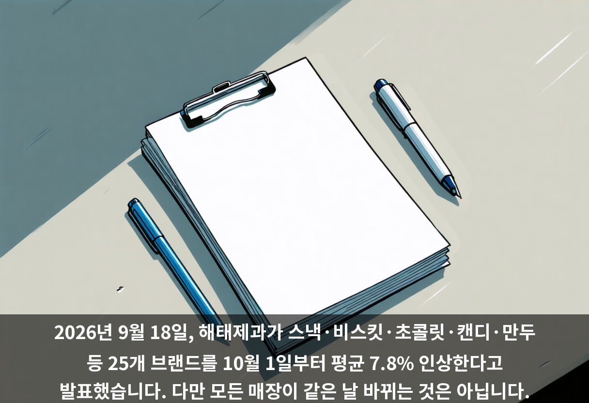 2026년 9월 18일, 해태제과가 스낵·비스킷·초콜릿·캔디·만두 등 25개 브랜드를 10월 1일부터 평균 7.8% 인상한다고 발표했습니다. 다만 모든 매장이 같은 날 바뀌는 것은 아닙니다.