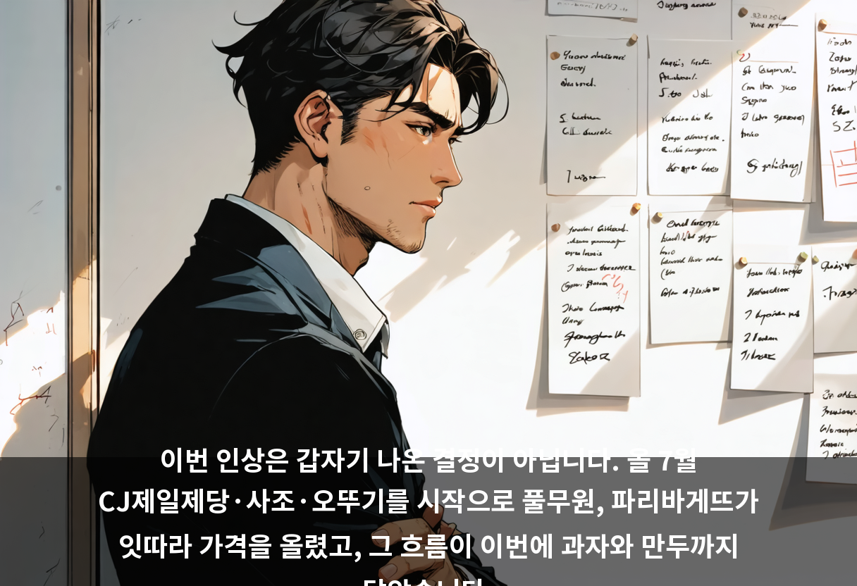 이번 인상은 갑자기 나온 결정이 아닙니다. 올 7월 CJ제일제당·사조·오뚜기를 시작으로 풀무원, 파리바게뜨가 잇따라 가격을 올렸고, 그 흐름이 이번에 과자와 만두까지 닿았습니다.