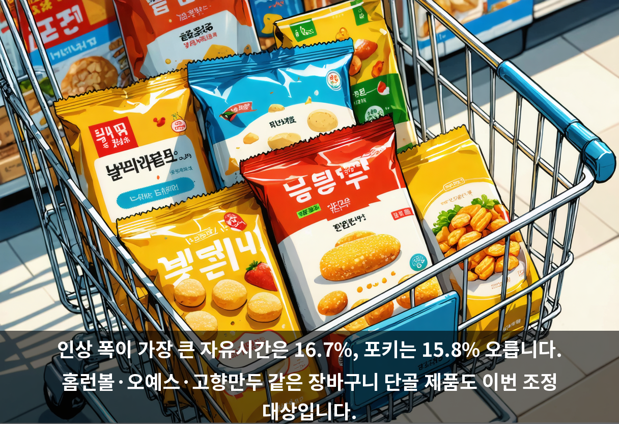 인상 폭이 가장 큰 자유시간은 16.7%, 포키는 15.8% 오릅니다. 홈런볼·오예스·고향만두 같은 장바구니 단골 제품도 이번 조정 대상입니다.