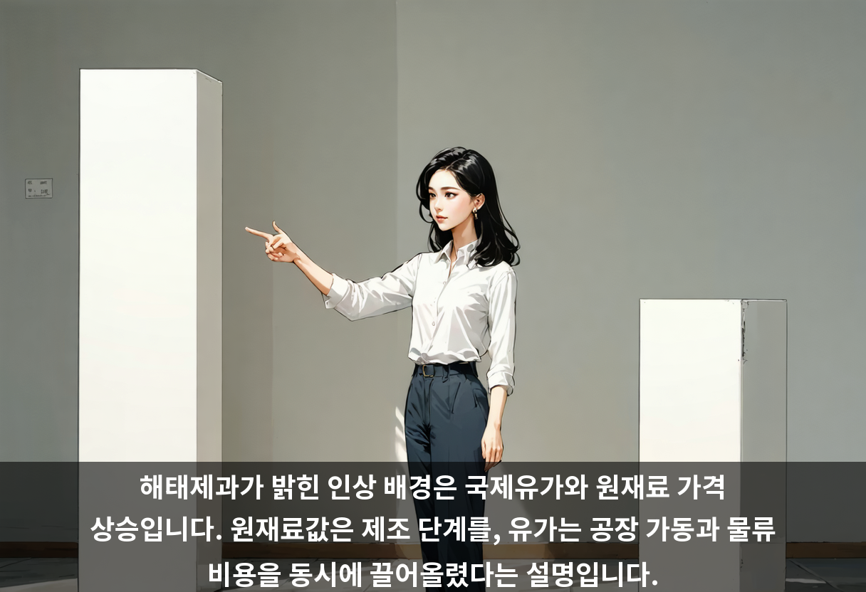 해태제과가 밝힌 인상 배경은 국제유가와 원재료 가격 상승입니다. 원재료값은 제조 단계를, 유가는 공장 가동과 물류 비용을 동시에 끌어올렸다는 설명입니다.