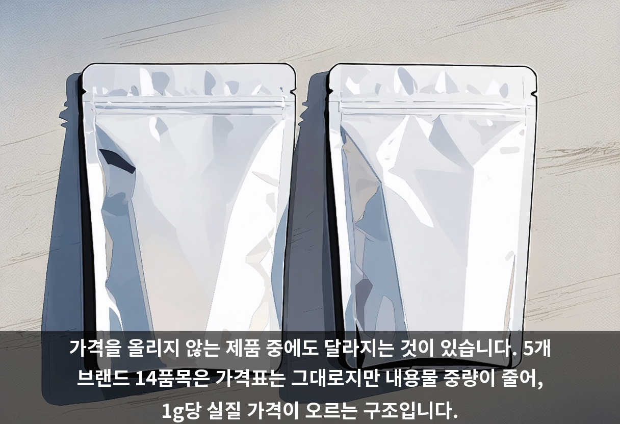 가격을 올리지 않는 제품 중에도 달라지는 것이 있습니다. 5개 브랜드 14품목은 가격표는 그대로지만 내용물 중량이 줄어, 1g당 실질 가격이 오르는 구조입니다.