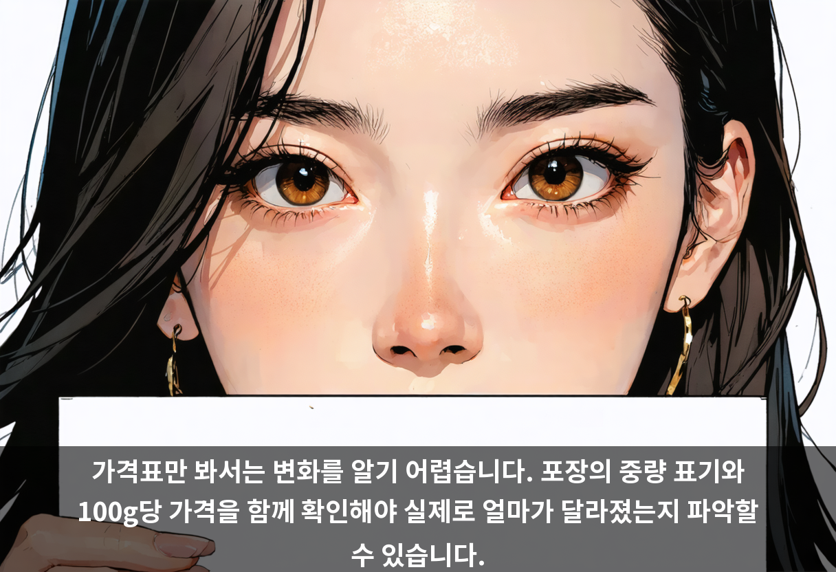가격표만 봐서는 변화를 알기 어렵습니다. 포장의 중량 표기와 100g당 가격을 함께 확인해야 실제로 얼마가 달라졌는지 파악할 수 있습니다.