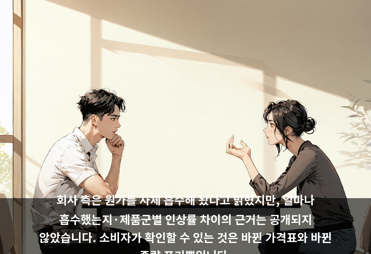 회사 측은 원가를 자체 흡수해 왔다고 밝혔지만, 얼마나 흡수했는지·제품군별 인상률 차이의 근거는 공개되지 않았습니다. 소비자가 확인할 수 있는 것은 바뀐 가격표와 바뀐 중량 표기뿐입니다.