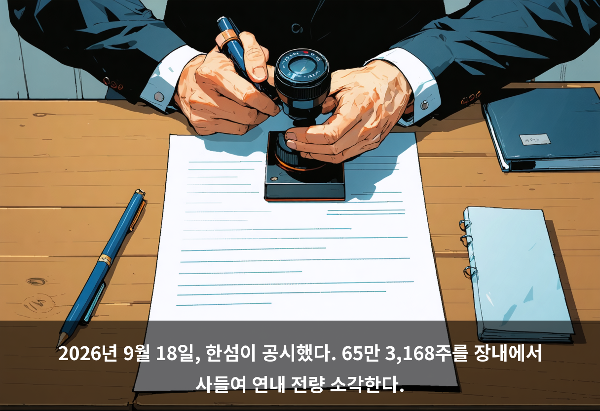 2026년 9월 18일, 한섬이 공시했다. 65만 3,168주를 장내에서 사들여 연내 전량 소각한다.