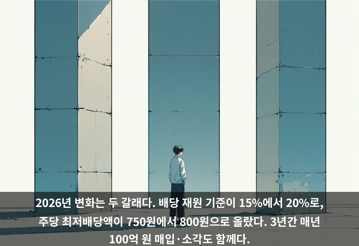 2026년 변화는 두 갈래다. 배당 재원 기준이 15%에서 20%로, 주당 최저배당액이 750원에서 800원으로 올랐다. 3년간 매년 100억 원 매입·소각도 함께다.
