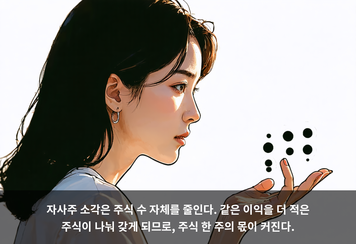 자사주 소각은 주식 수 자체를 줄인다. 같은 이익을 더 적은 주식이 나눠 갖게 되므로, 주식 한 주의 몫이 커진다.