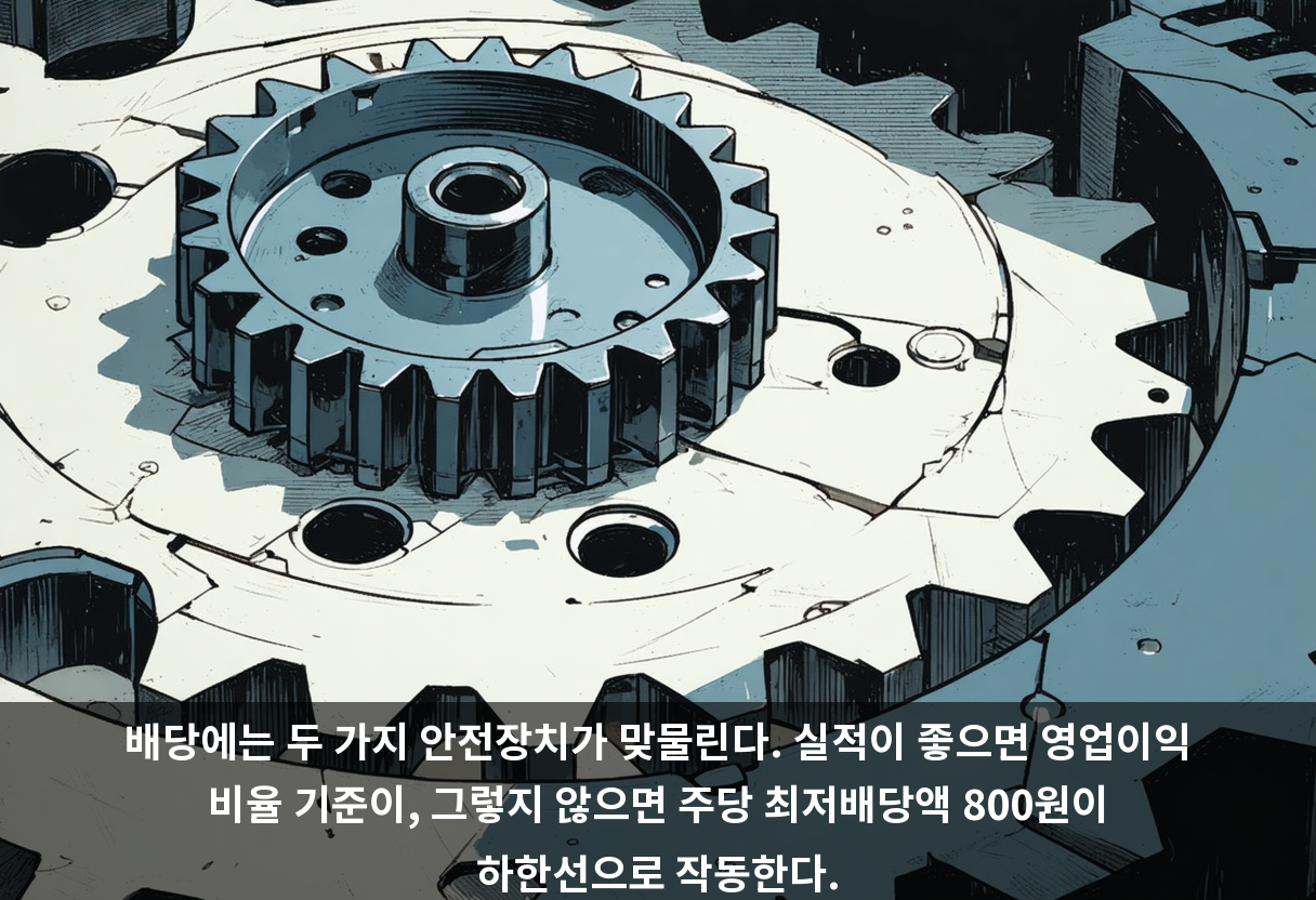 배당에는 두 가지 안전장치가 맞물린다. 실적이 좋으면 영업이익 비율 기준이, 그렇지 않으면 주당 최저배당액 800원이 하한선으로 작동한다.