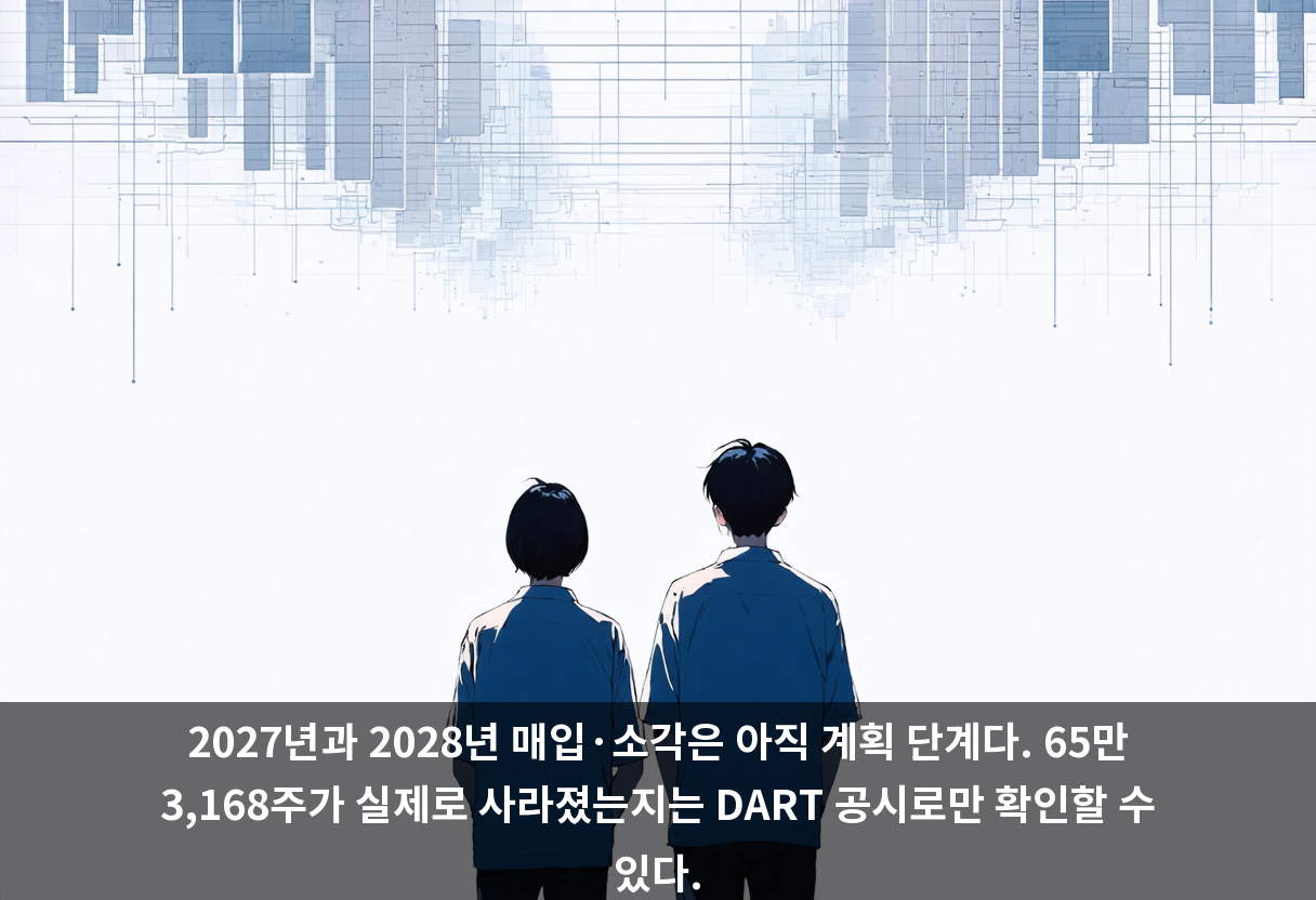 2027년과 2028년 매입·소각은 아직 계획 단계다. 65만 3,168주가 실제로 사라졌는지는 DART 공시로만 확인할 수 있다.